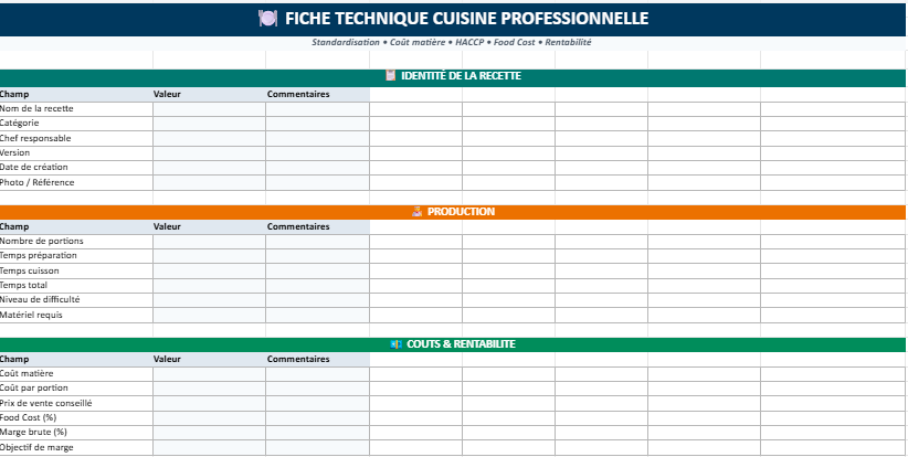 Fiche technique cuisine professionnelle Premium sur Excel
