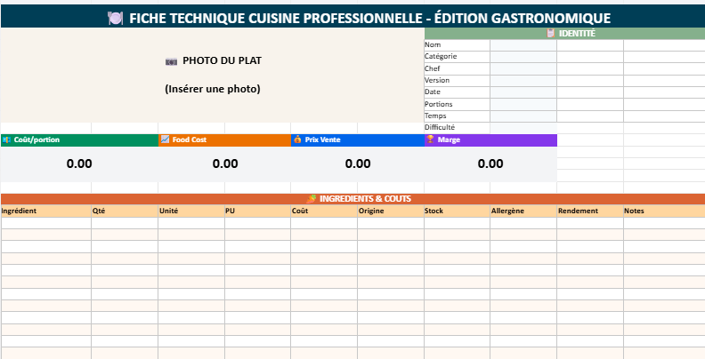                  Fiche technique cuisine gastronomique Premium sur Excel
