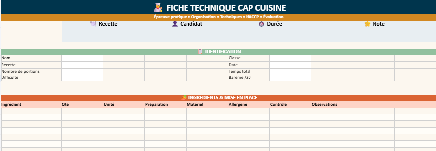  Modèle de fiche technique CAP Cuisine sur Excel
