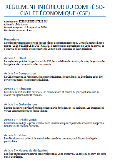Exemple de règlement intérieur du CSE déjà rempli au format Word
