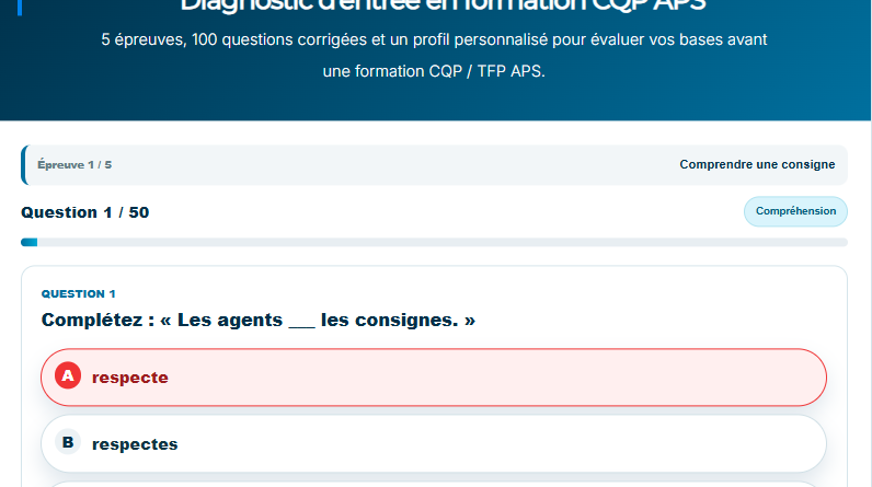 Test d’entrée en formation CQP APS : exemples, exercices corrigés et préparation au TFP APS