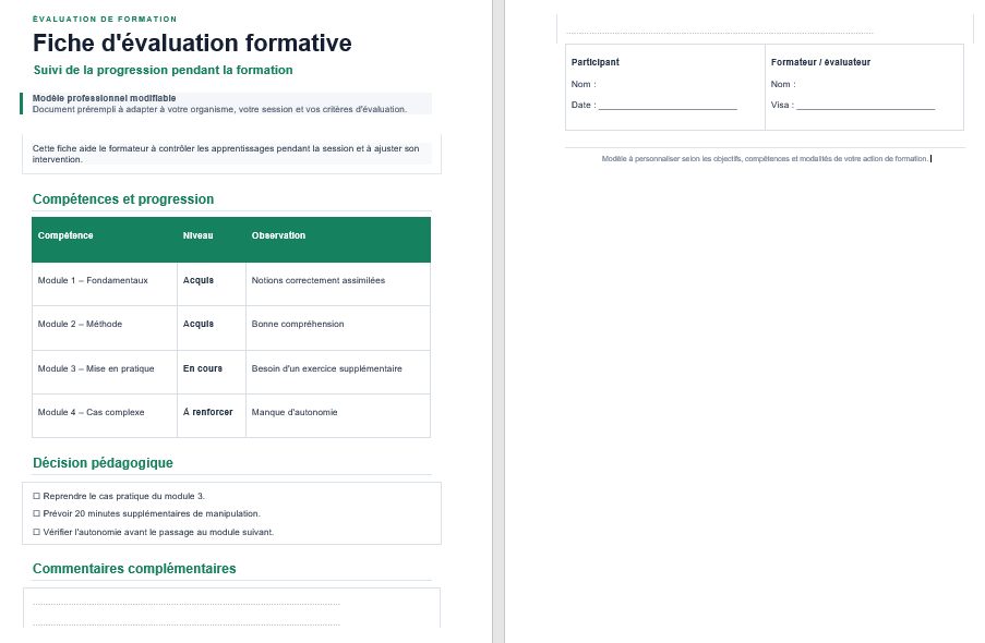 Fiche d'évaluation formative