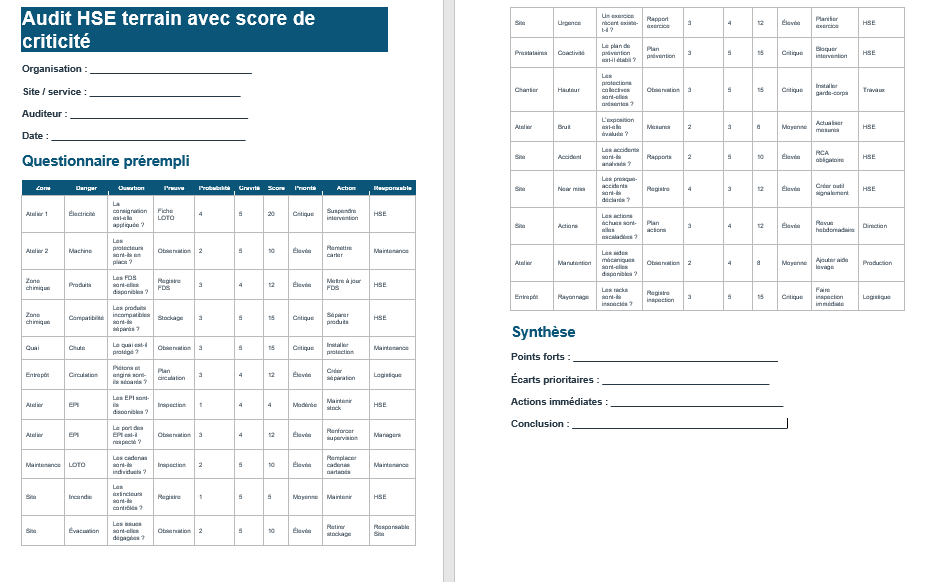 Audit HSE terrain avec score de criticité

