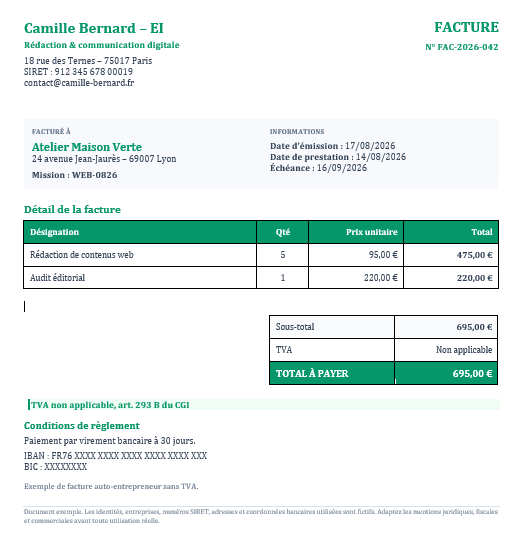 Facture auto-entrepreneur sans TVA