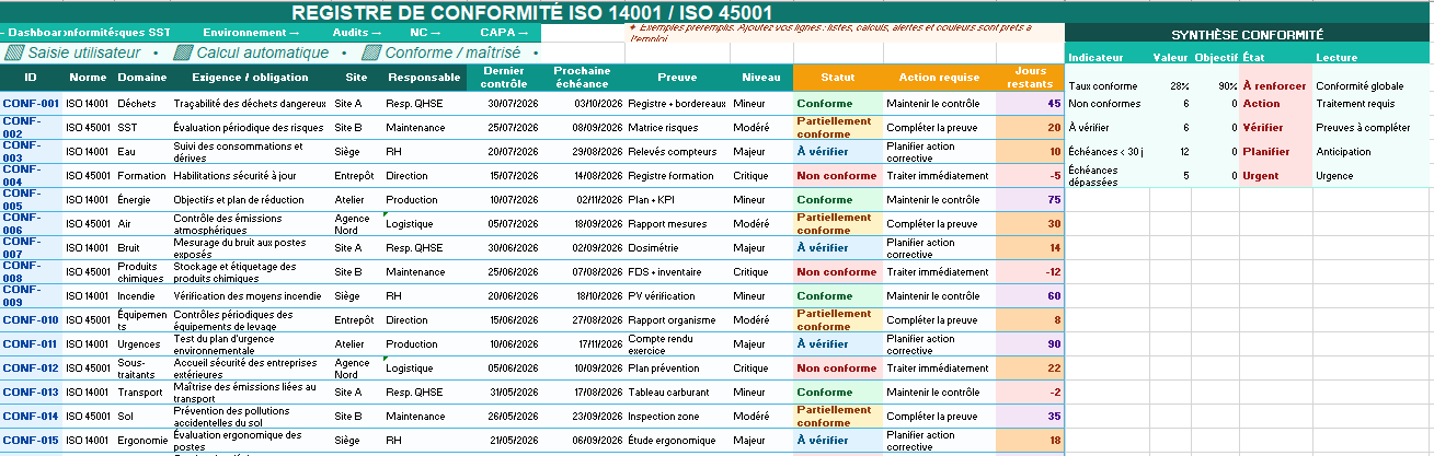 Logiciel QHSE gratuit sous Excel registre conformité ISO