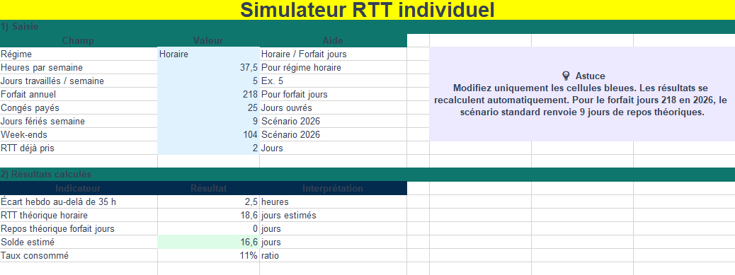 Modèle Excel de calcul et de gestion des RTT 2026
