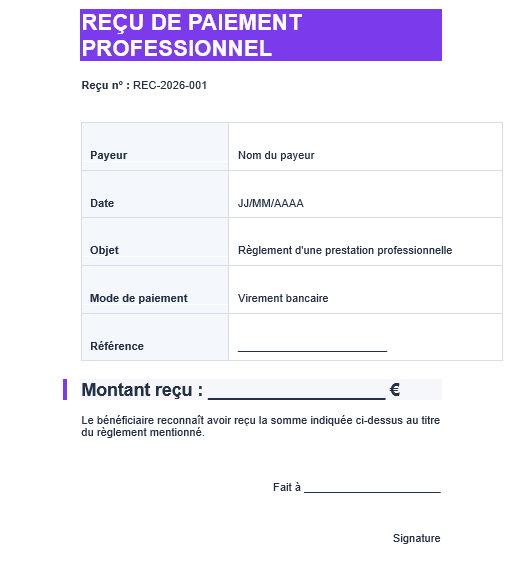 Reçu de paiement  professionnel
