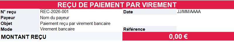 Reçu de paiement par virement Excel