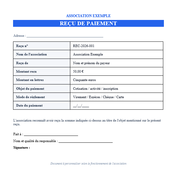 Reçu de paiement pour association Word