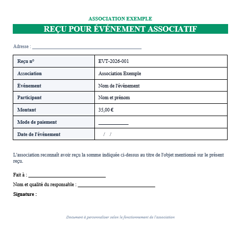 Reçu de paiement pour événement associatif