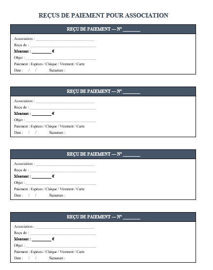 Reçus de paiement formats courts à imprimer