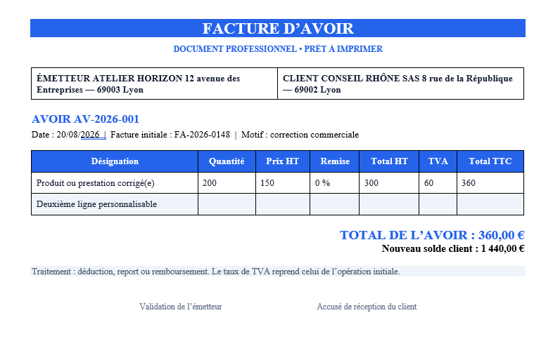 Facture d’avoir Word