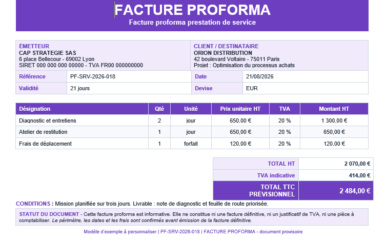 Facture proforma de prestation de service Word