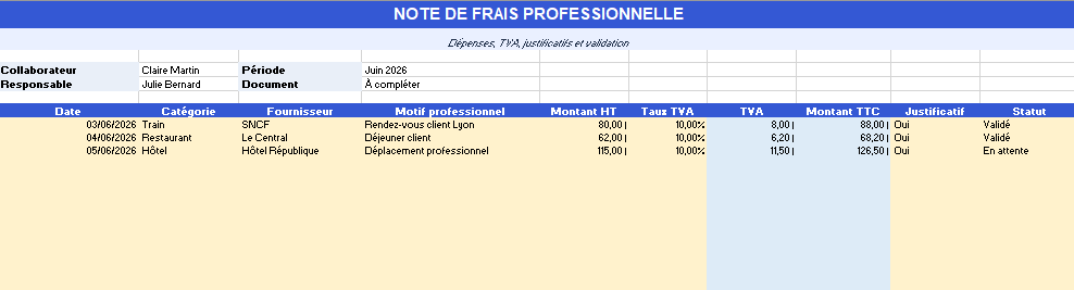 NOTE DE FRAIS PROFESSIONNELLE Excel
