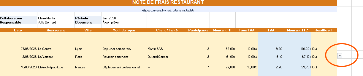 NOTE DE FRAIS RESTAURANT Excel
