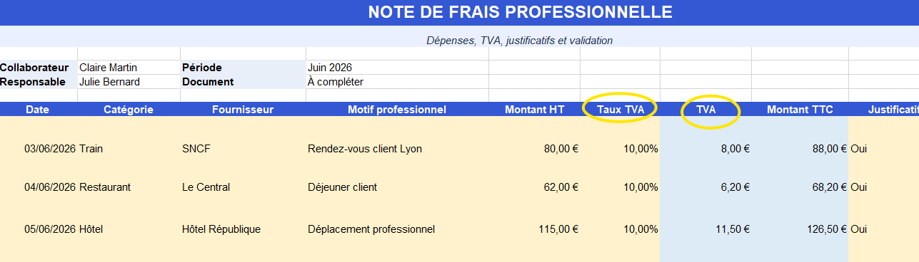 Modèle note de frais Excel avec TVA