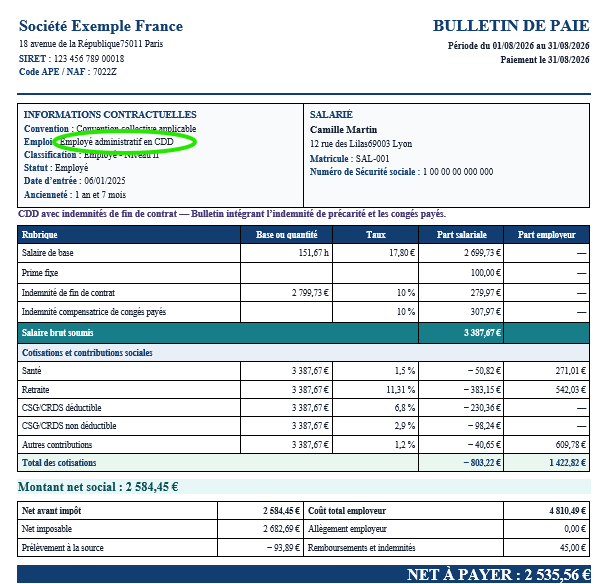 fiche de paie Word CDD