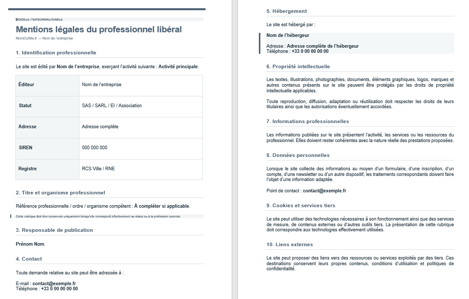 Mentions légales du professionnel libéral Word
