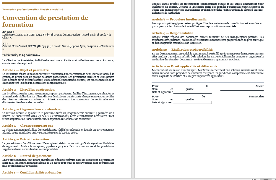 Convention de prestation de formation