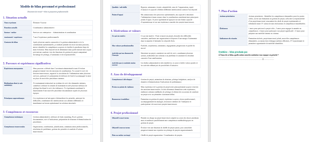 Modèle de bilan personnel et professionnel sur Word
