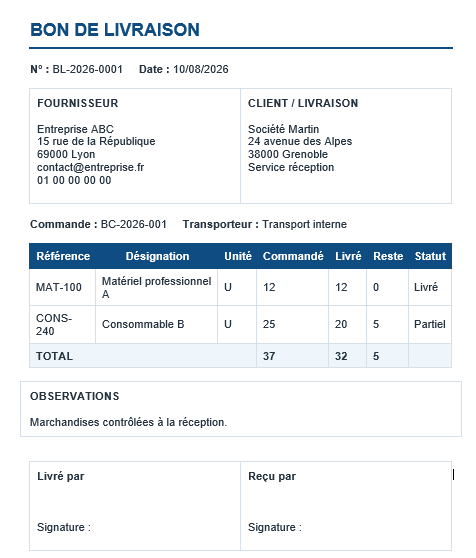 Modèle de bon de livraison Word gratuit