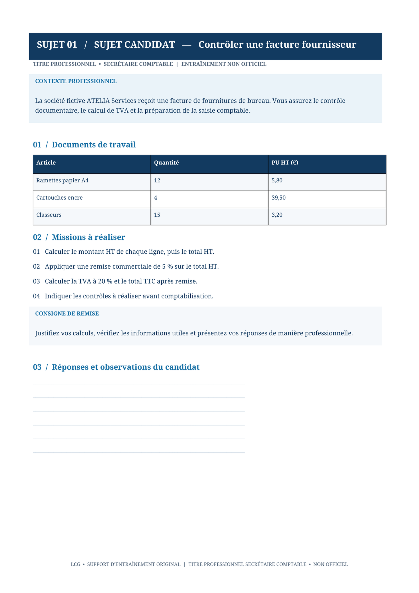 Examen titre professionnel Secrétaire comptable : 6 sujets corrigés